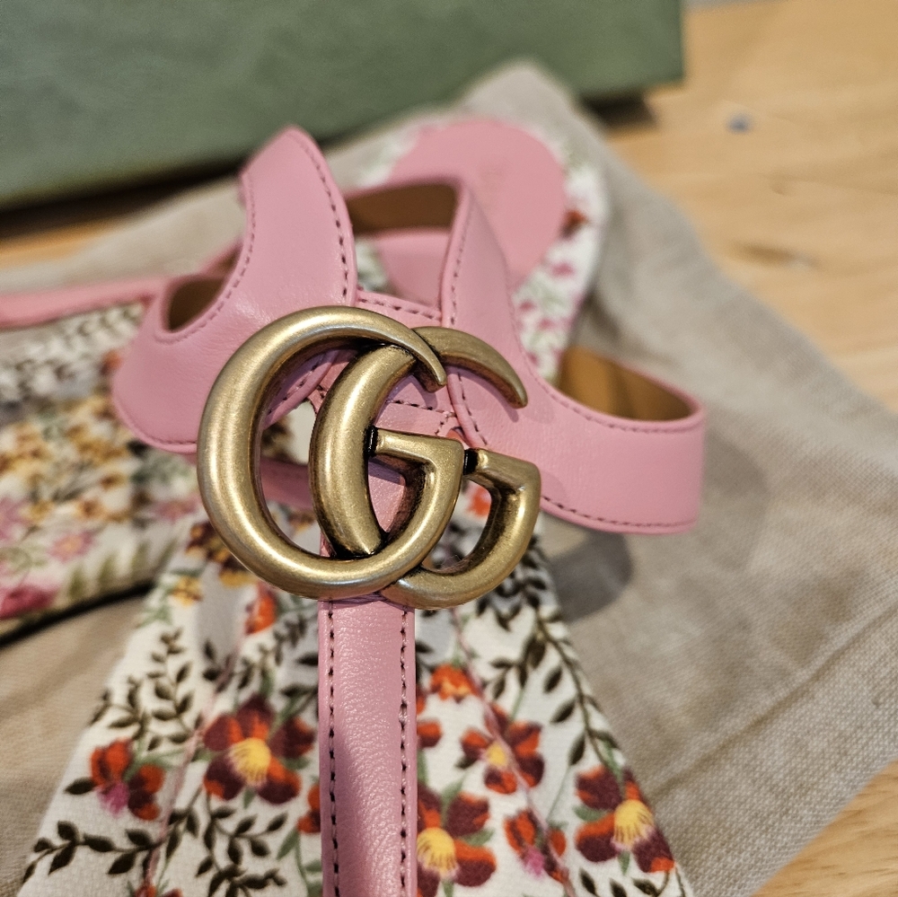 NWT$790 GUCCI Double G Marmont Floral Leather Thong Flat Sandal Slides Sz 39 - Picture 5 of 9